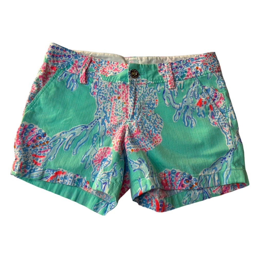 Lilly Pulitzer Callahan 5” Shorts Fansea Blue Pink Mint Coral Print Size 2